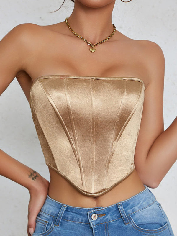 Posey Glossy Sheath Diamond Neckless Backless Fishbone Corset Tank Top