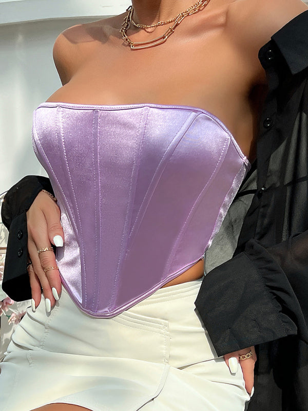 Posey Glossy Sheath Diamond Neckless Backless Fishbone Corset Tank Top