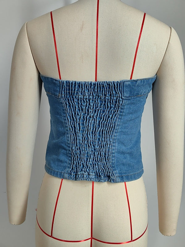 Rosina New Style One-Row Buttoned Off-Shoulder Slim Washed Denim Sexy Tube Top