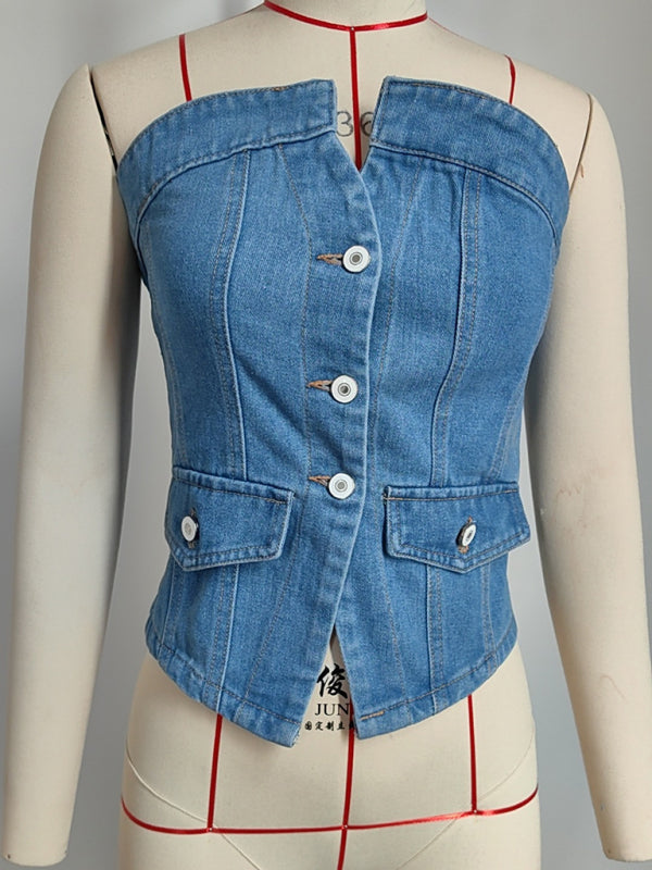 Rosina New Style One-Row Buttoned Off-Shoulder Slim Washed Denim Sexy Tube Top