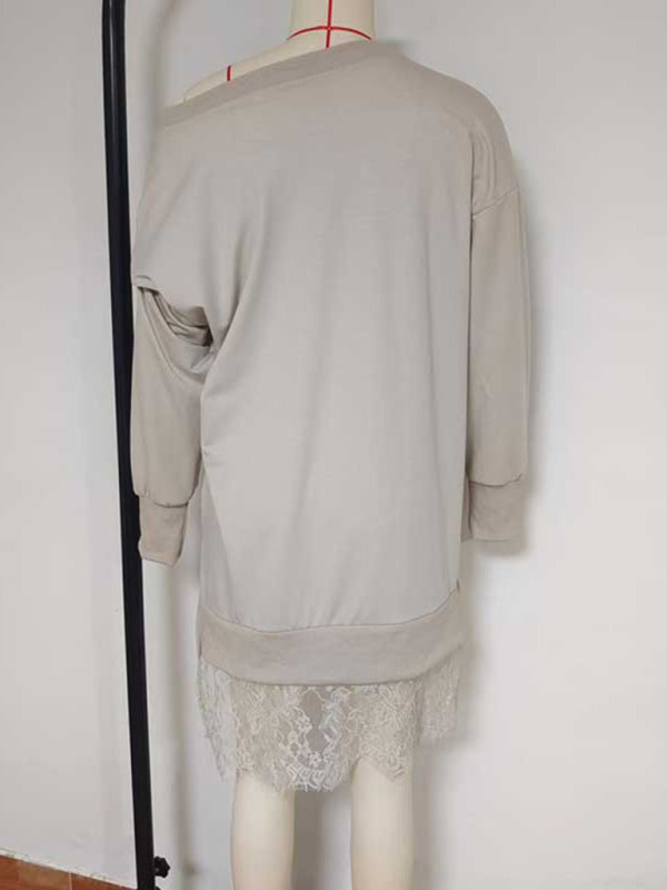 Selina New Fashion Lace Slit Mid-Length Casual Loose Pullover Sweater