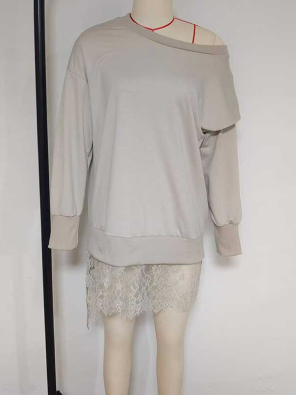 Selina New Fashion Lace Slit Mid-Length Casual Loose Pullover Sweater