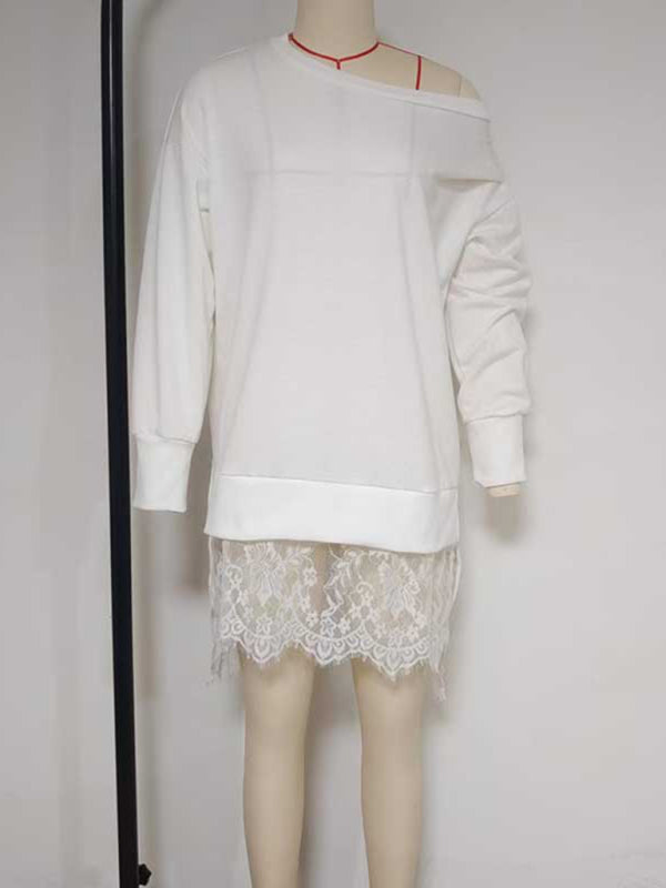 Selina New Fashion Lace Slit Mid-Length Casual Loose Pullover Sweater