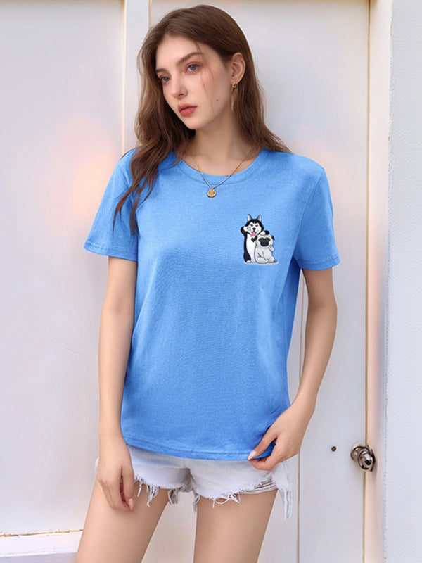 Cute Dog Cartoon Print T-Shirt | Loose Round Neck Graphic Tee for Women