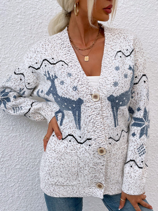 Bobbie Women's Knit Single Breasted Christmas Fawn Cardigan Sweater