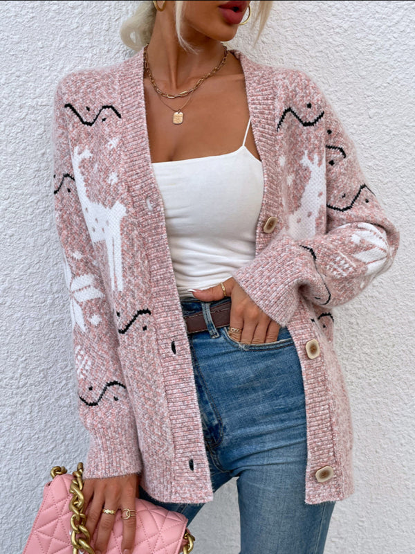 Bobbie Women's Knit Single Breasted Christmas Fawn Cardigan Sweater
