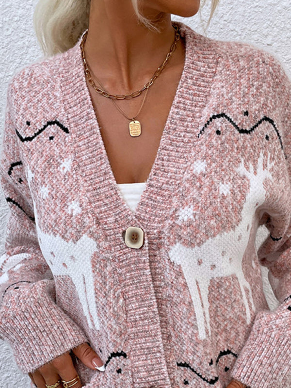 Bobbie Women's Knit Single Breasted Christmas Fawn Cardigan Sweater