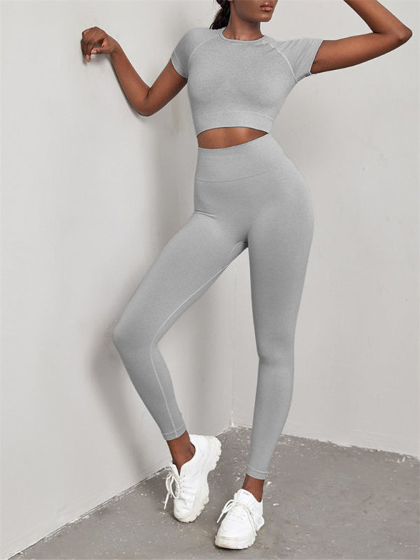 Elina Women's Solid Color Seamless Exercise Yoga Short Sleeve + Pants Two-Piece Suit
