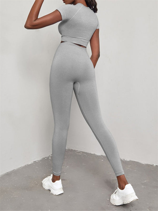 Elina Women's Solid Color Seamless Exercise Yoga Short Sleeve + Pants Two-Piece Suit
