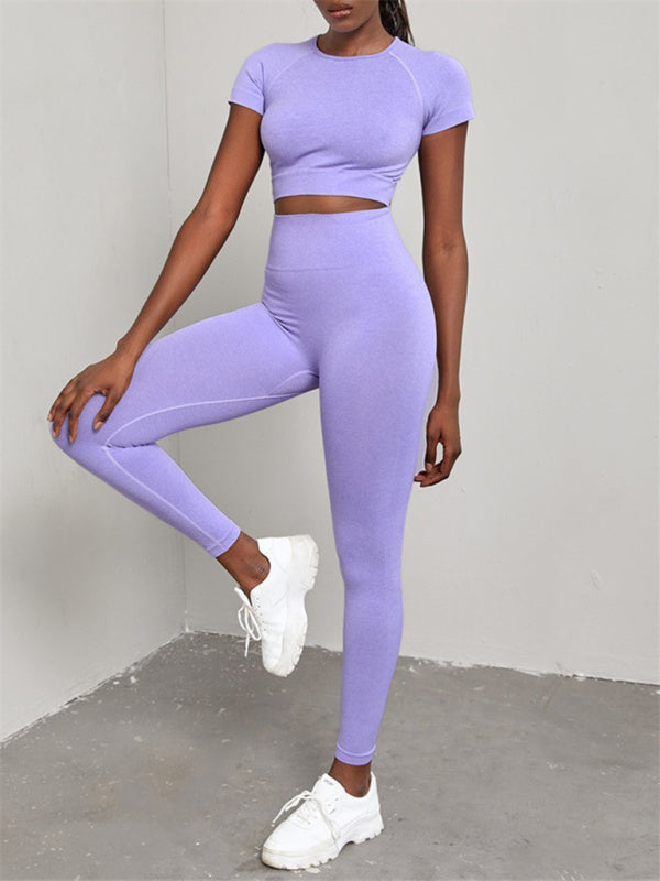 Elina Women's Solid Color Seamless Exercise Yoga Short Sleeve + Pants Two-Piece Suit