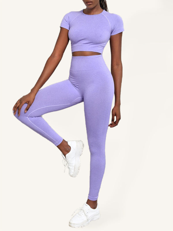 Elina Women's Solid Color Seamless Exercise Yoga Short Sleeve + Pants Two-Piece Suit