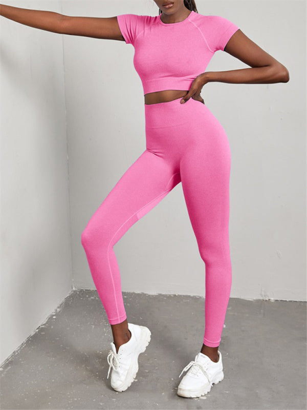 Elina Women's Solid Color Seamless Exercise Yoga Short Sleeve + Pants Two-Piece Suit