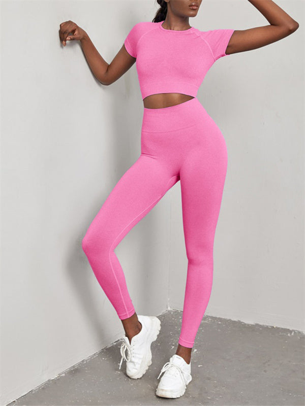 Elina Women's Solid Color Seamless Exercise Yoga Short Sleeve + Pants Two-Piece Suit