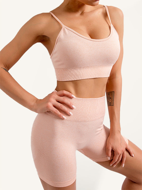 Jianna Women's Solid Color Seamless Camisole Yoga Sports Bra + Shorts Two-Piece Set