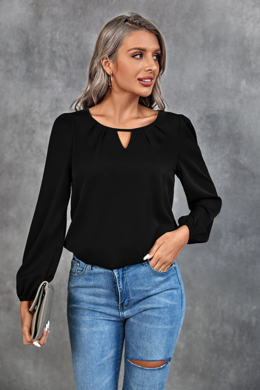 Imelda Solid Classic Casual Gathered Long Sleeve Shirt