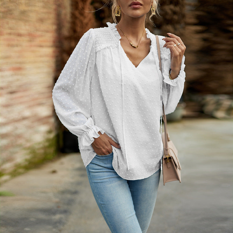 Elisa New Woman Fashion Elegant V-neck knotted Long-sleeved Top Blouse