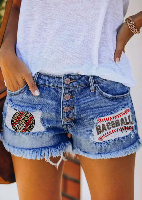 Alianna Button-Breasted Printed Patch Denim Shorts With Ripped Fringed Hot Pants