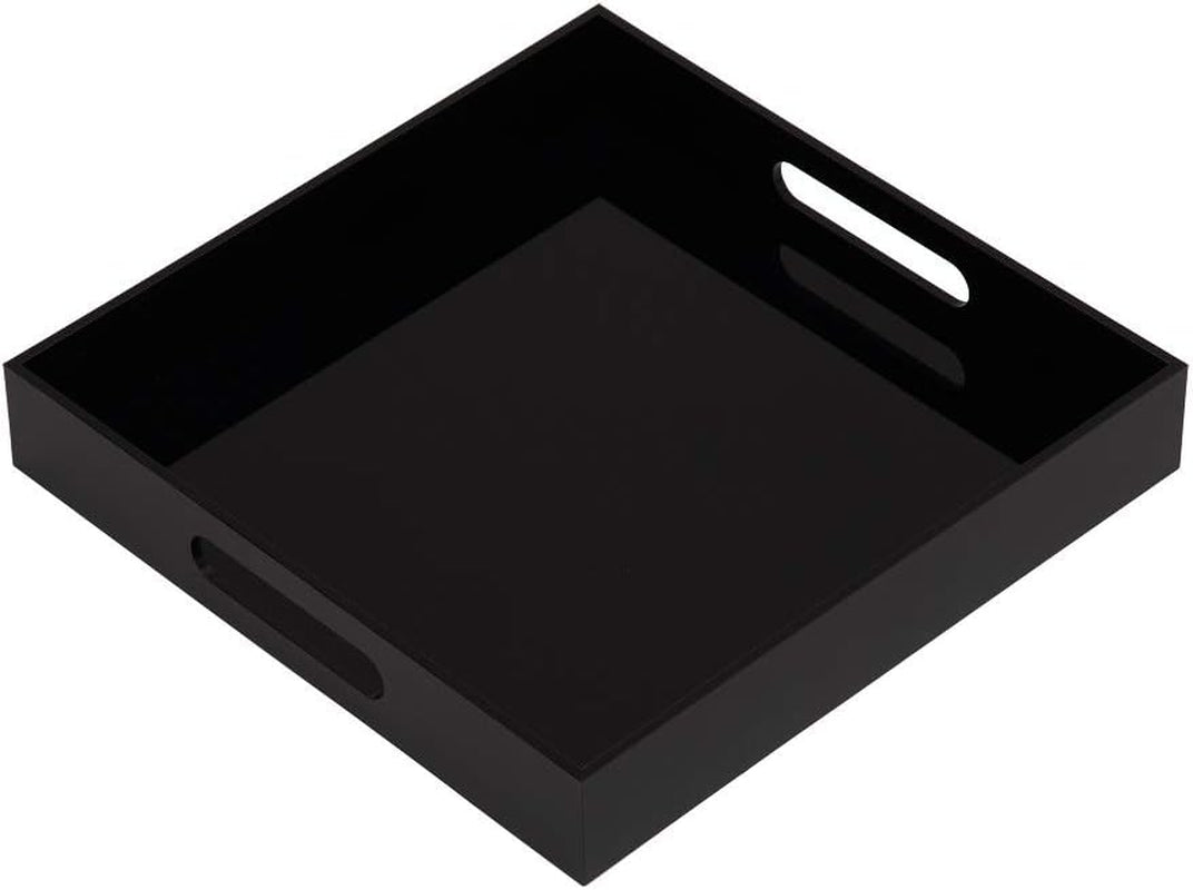 Glossy Black Sturdy Acrylic Serving Tray with Handles - 12X12 Inch Multipurpose Tray for Coffee, Appetizers, Breakfast, and More