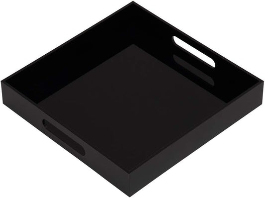 Glossy Black Sturdy Acrylic Serving Tray with Handles - 12X12 Inch Multipurpose Tray for Coffee, Appetizers, Breakfast, and More