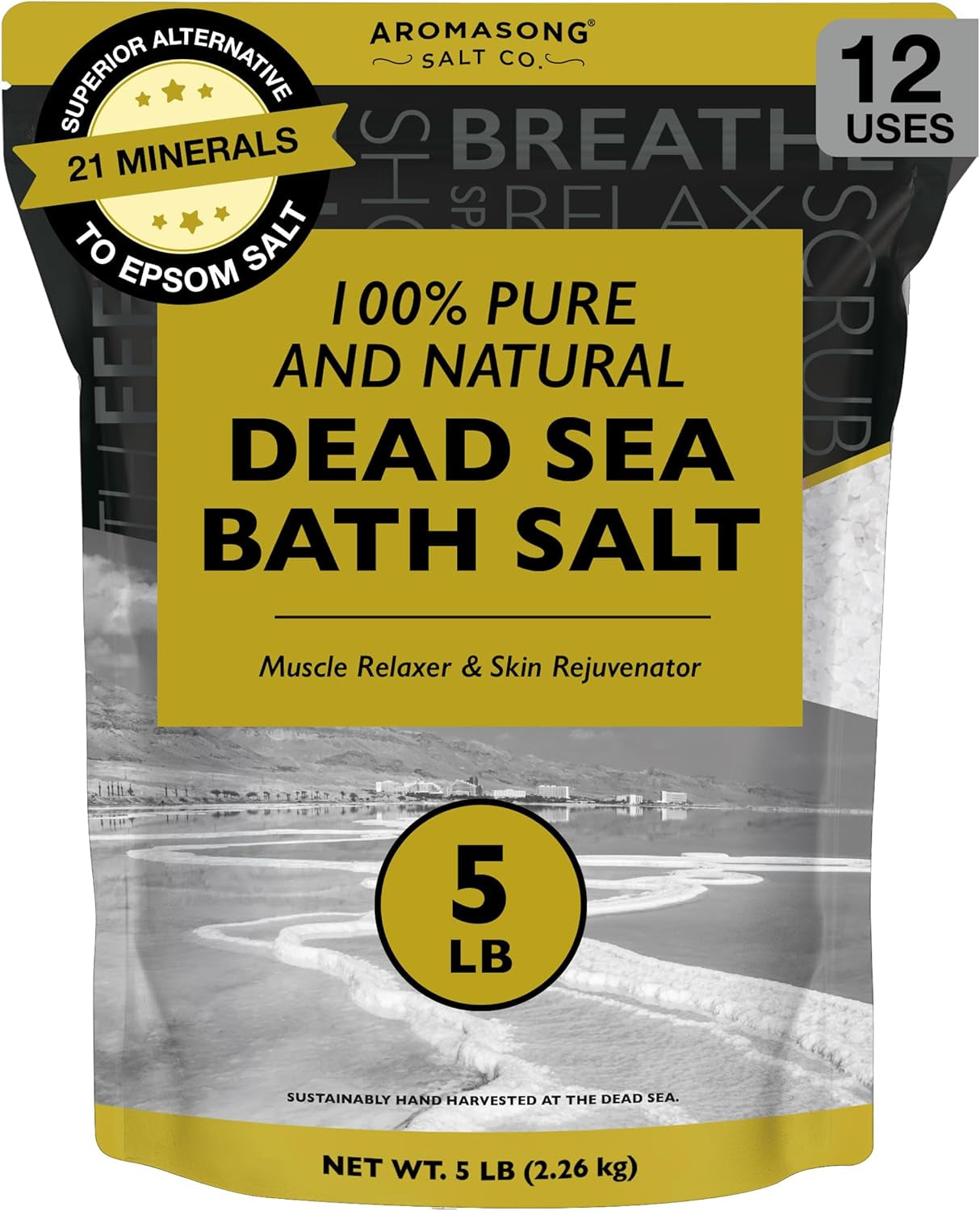 Dead Sea Bath Salt - 100% Pure & Natural Dead Sea Salts for Soaking Fine Grain 5 LB - Bulk Resealable Pack - Used for Body Wash Scrub - Soak for Women & Men.