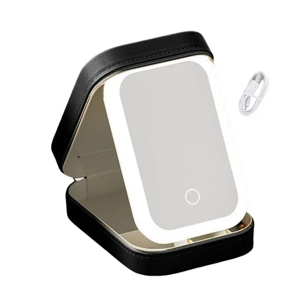 Travel Makeup Bag with LED Mirror USB Rechargeable 3 Colors Adjustable Lighted Vanity Mirror Cosmetic Case Jewelry Organizer Box