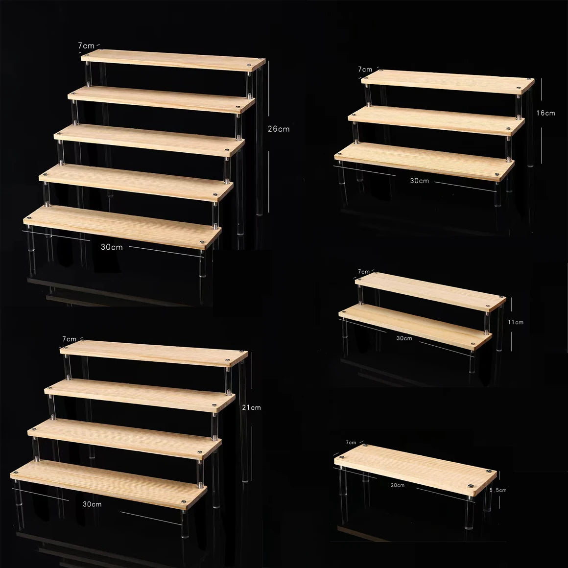 Solid Wooden Ladder Display Rack with Acrylic Pillars, Blind Box, Toy, Perfume, Jewelry Display Stand, Storage Shelf, 1-5 Tiers