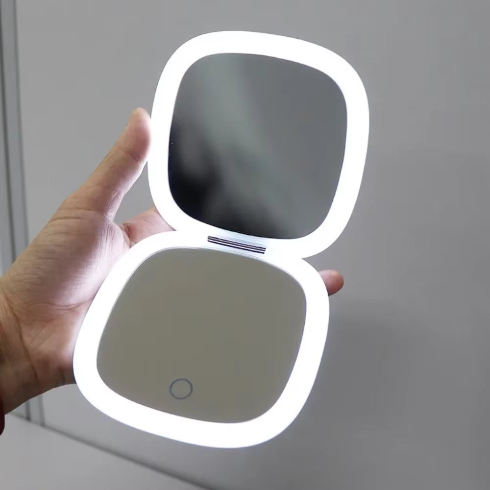 USB Rechargeable Folding Portable LED Makeup Mirror Touch Screen Dimming Handheld with 10X Magnifying Travel Cosmetic Mirrors