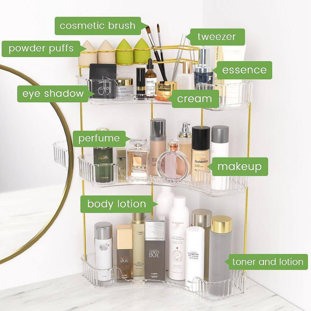 3-Tier Corner Countertop Vanity Organizer with Brush Holder in Clear for Bathroom Dresser and Vanity Cosmetic Storage