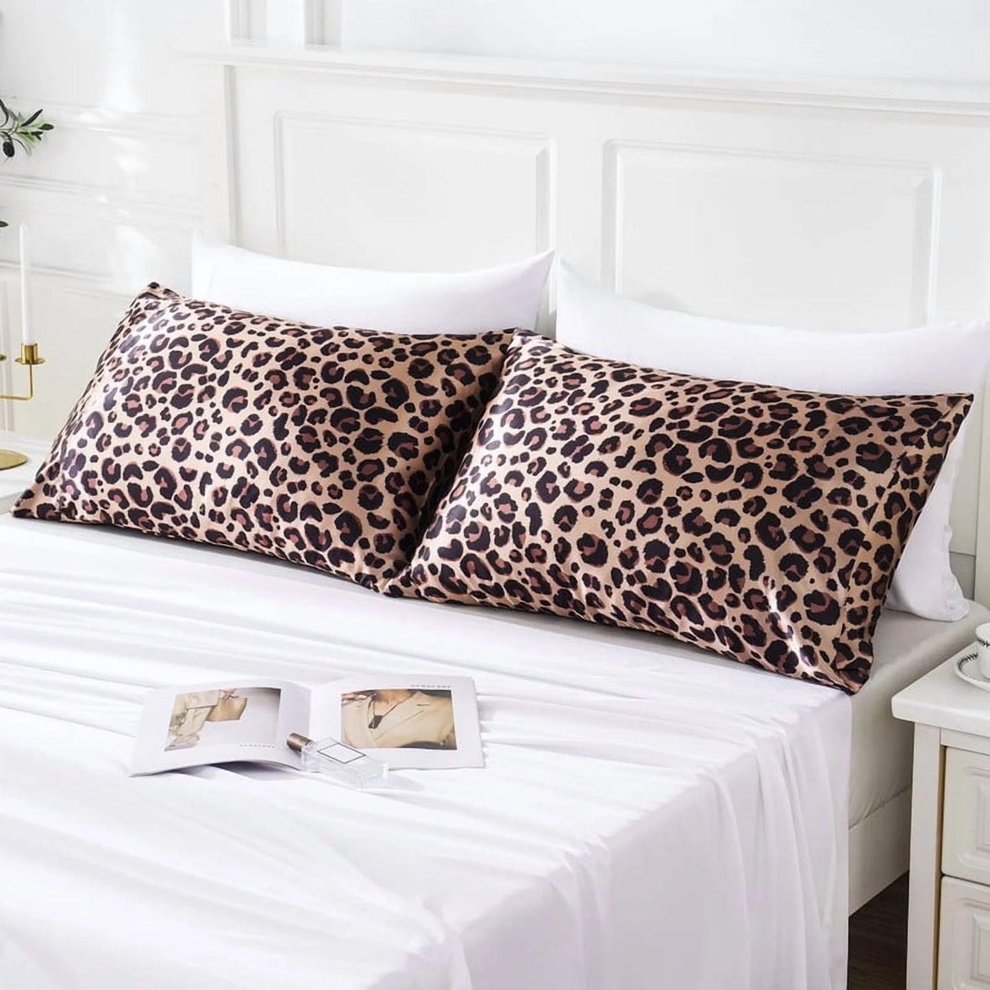 Satin Pillow Case, 2 Pack Satin Queen Silky Pillowcase for Hair and Skin, Satin Pillowcase Set of 2, 20X30, Brown Leopard