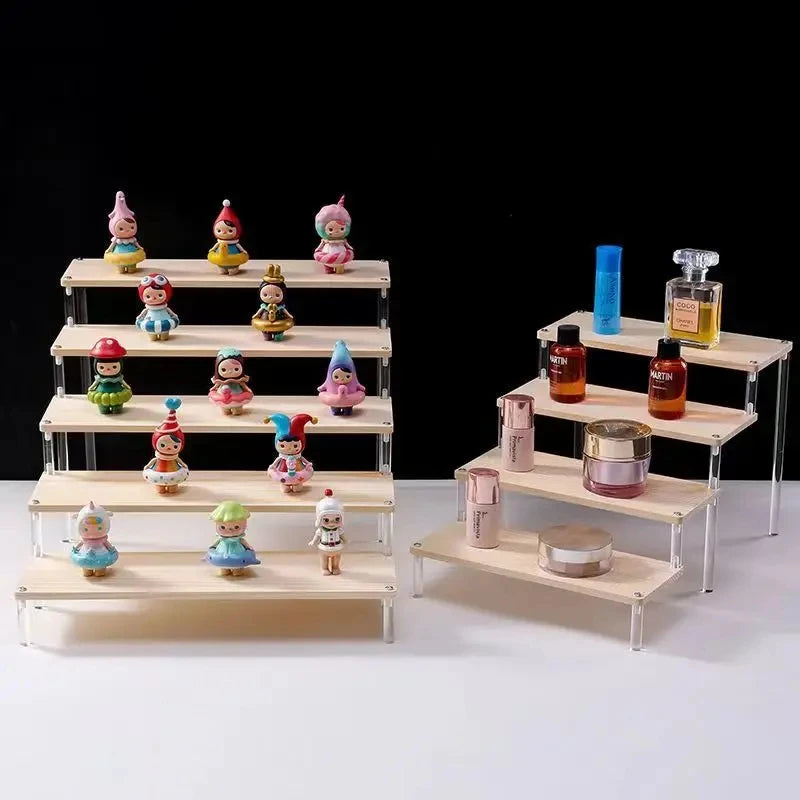 1-5 Tier Acrylic and Solid Wood Panel with Clear Acrylic Column Display Stand for Perfume, Cosmetic, Car Modle, Toy Storage Rack