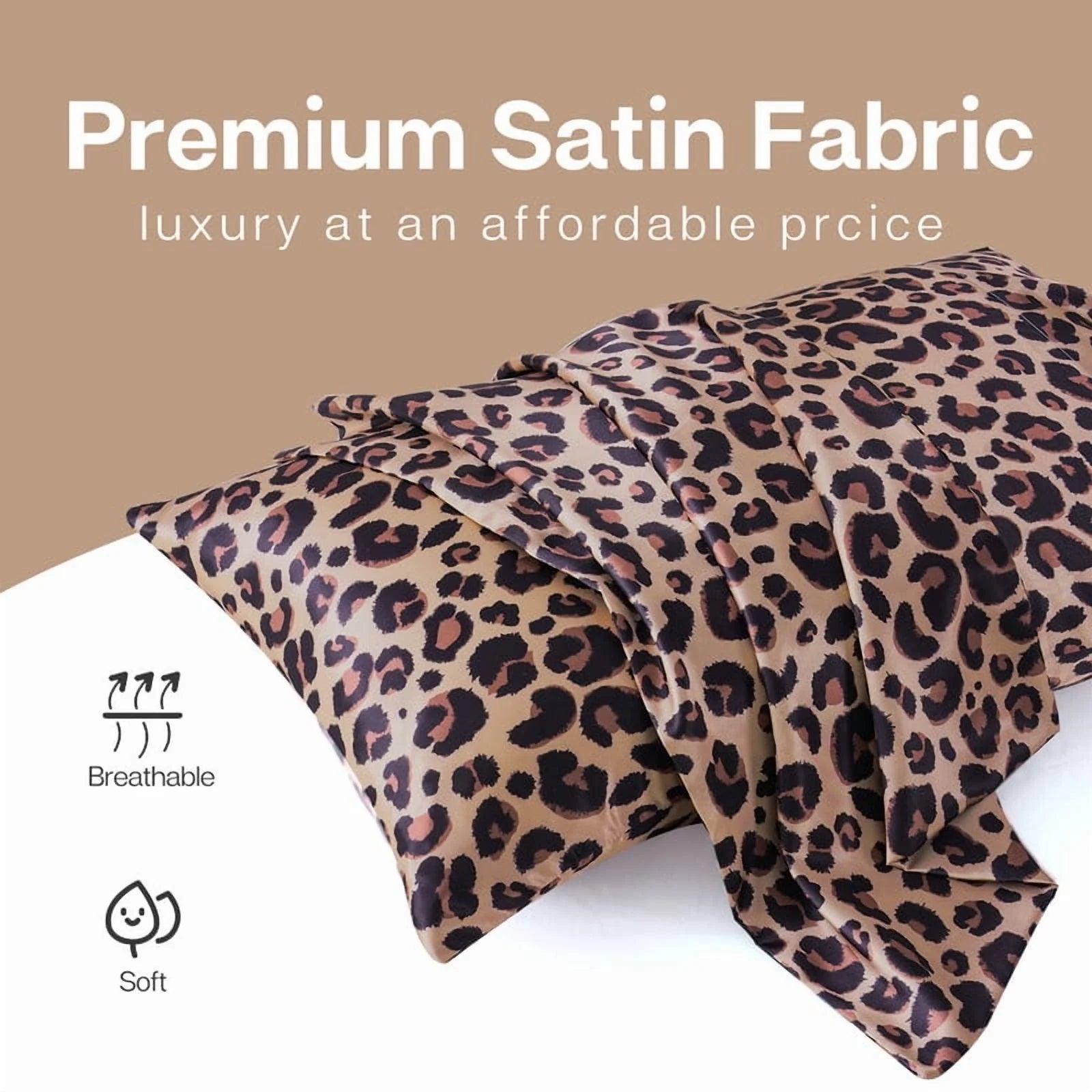Satin Pillow Case, 2 Pack Satin Queen Silky Pillowcase for Hair and Skin, Satin Pillowcase Set of 2, 20X30, Brown Leopard