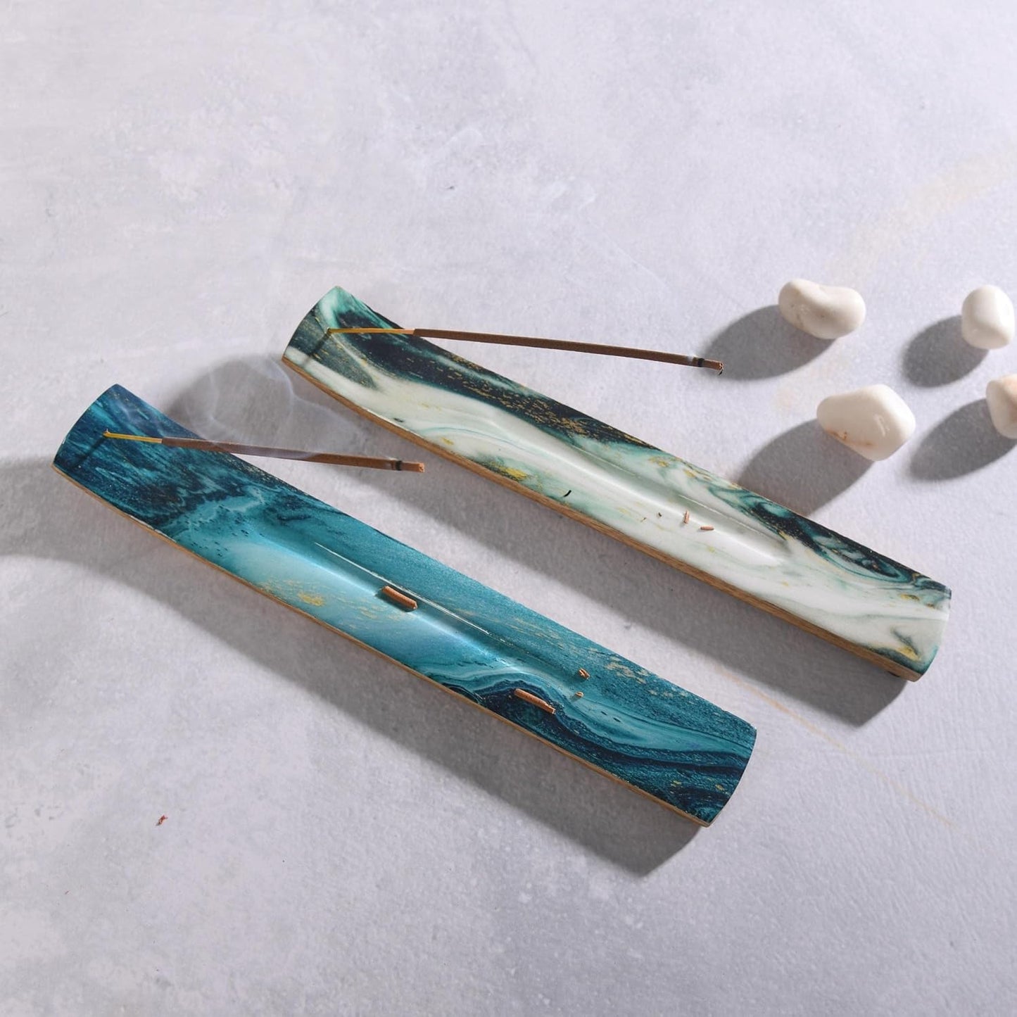 Set of 2 Incense Holder or Incense Burner for Insence Sticks, Insence Burner Holder for Home Decor or Ash Catcher, Inscent Tray or Insense Stick Holders, Mango Wood, Blue and Green Agate