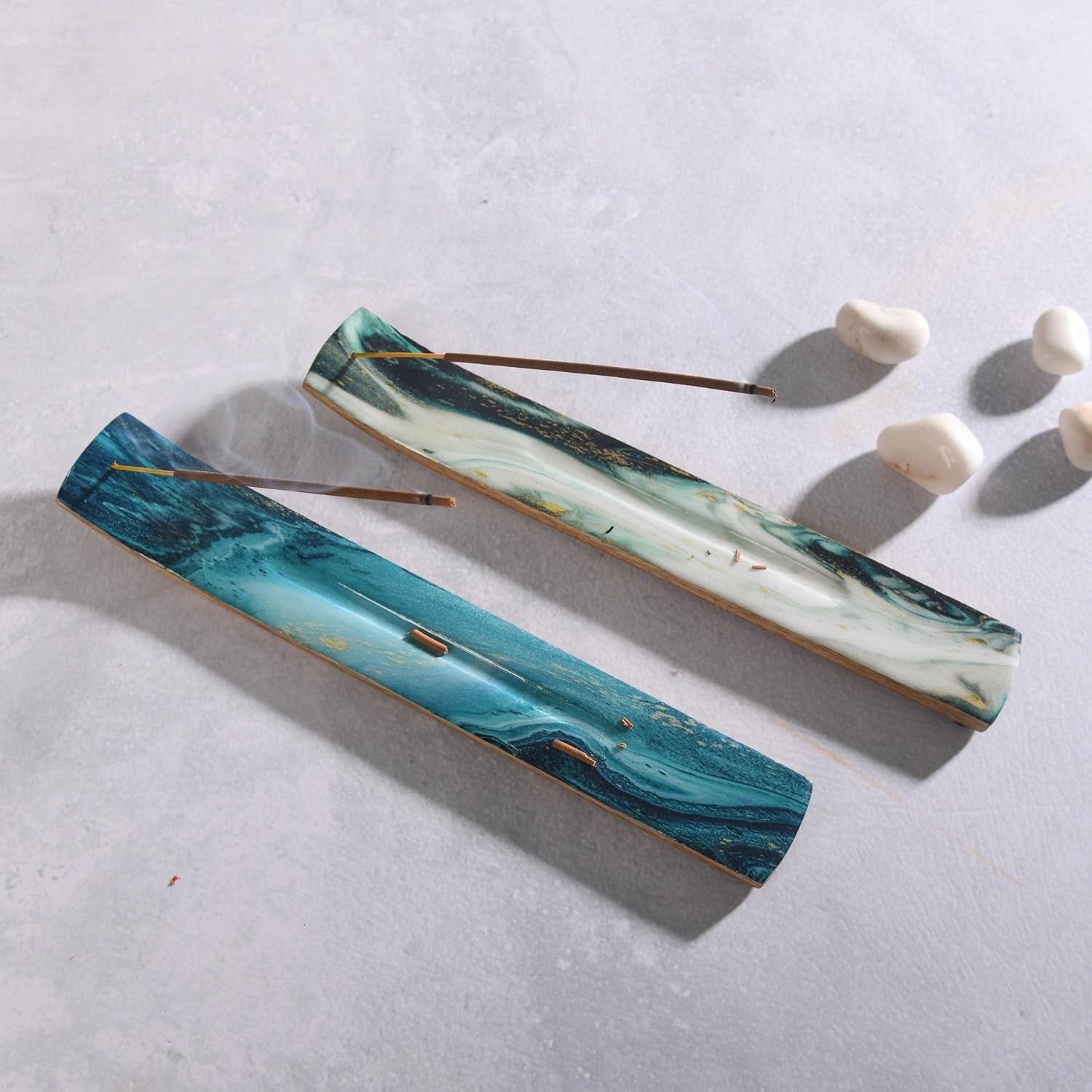 Set of 2 Incense Holder or Incense Burner for Insence Sticks, Insence Burner Holder for Home Decor or Ash Catcher, Inscent Tray or Insense Stick Holders, Mango Wood, Blue and Green Agate