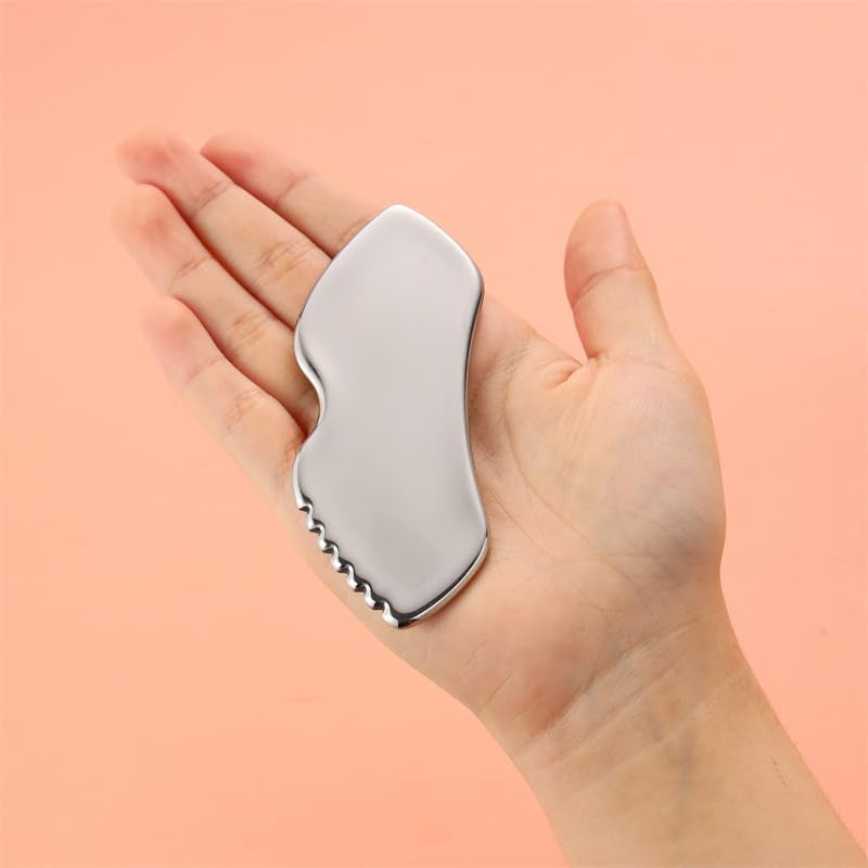 Stainless Steel Gua Sha Facial Tools, Metal Guasha Tool for Face and Body, Gua Shua Scraper for Face Massager Lymphatic Drainage, Facial Sculpting Tool with Travel Pouch, 4X1.6In, Silver
