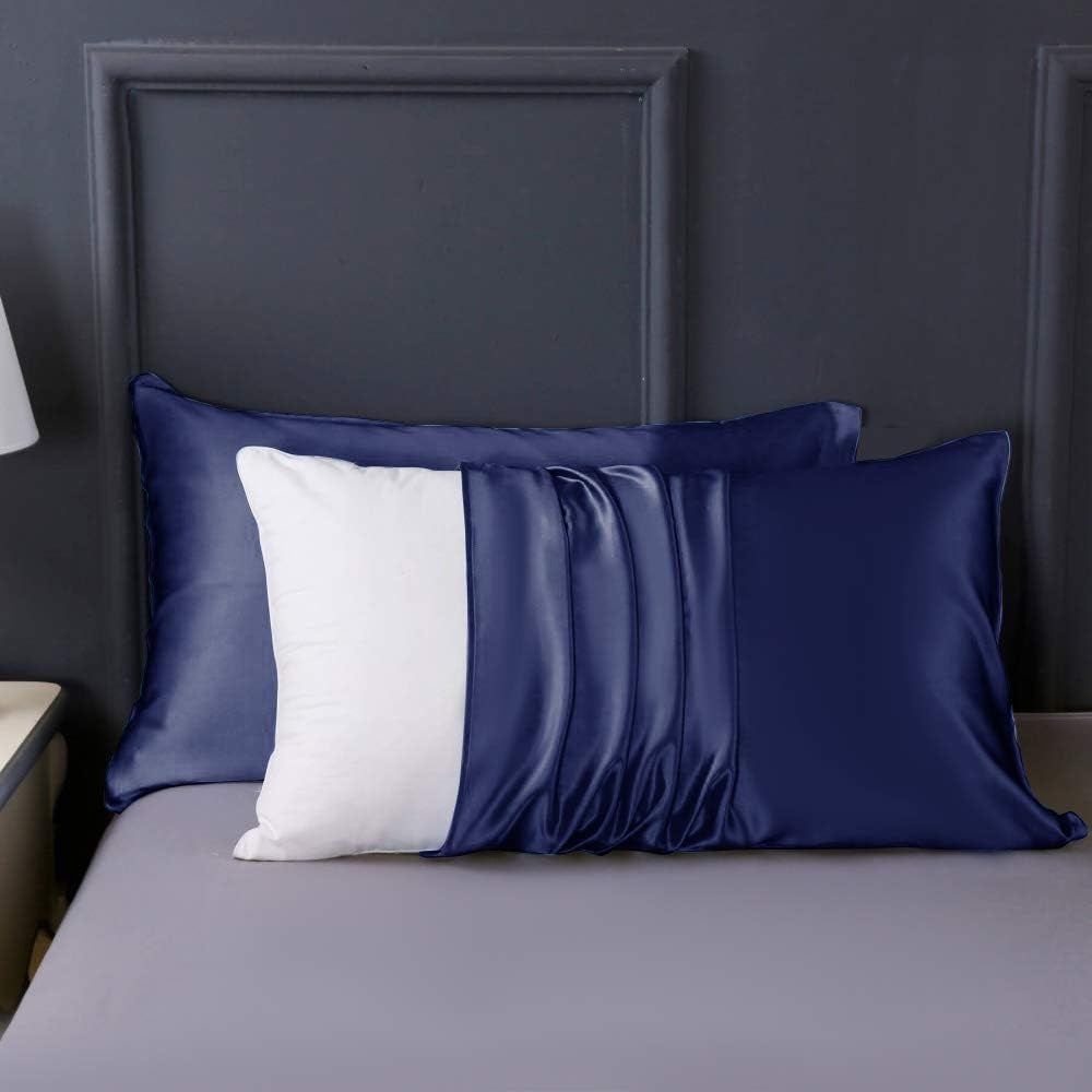 Silky Satin Pillow Cases Set of 2, Soft Satin Pillowcases for Hair and Skin, Satin Pillow Covers with Zipper Closure, Standard Size 20X26 Inches, Navy