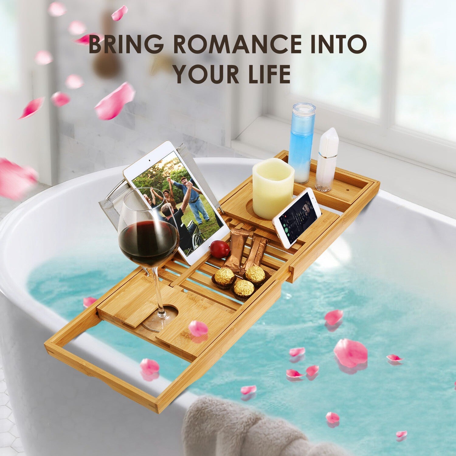 Bamboo Bath Tray Table Bathtub Caddy Tray over the Tub Shelf Bath Holder Desk