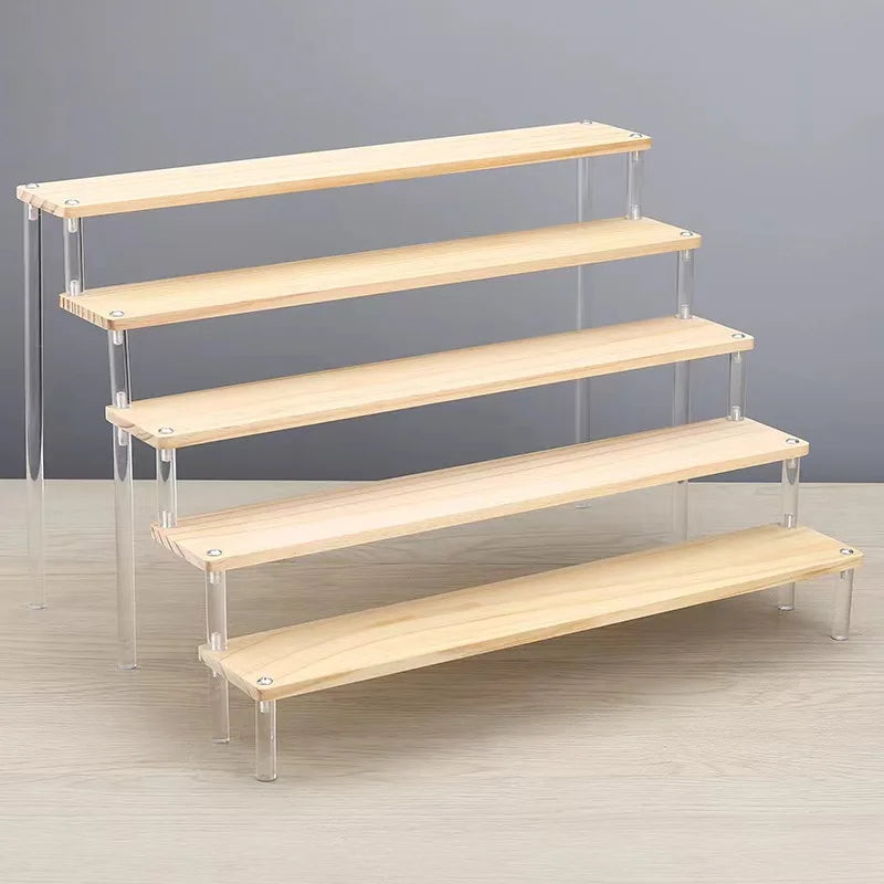 Solid Wooden Ladder Display Rack with Acrylic Pillars, Blind Box, Toy, Perfume, Jewelry Display Stand, Storage Shelf, 1-5 Tiers