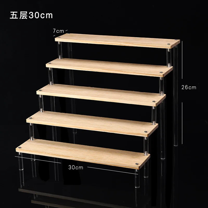 Solid Wooden Ladder Display Rack with Acrylic Pillars, Blind Box, Toy, Perfume, Jewelry Display Stand, Storage Shelf, 1-5 Tiers