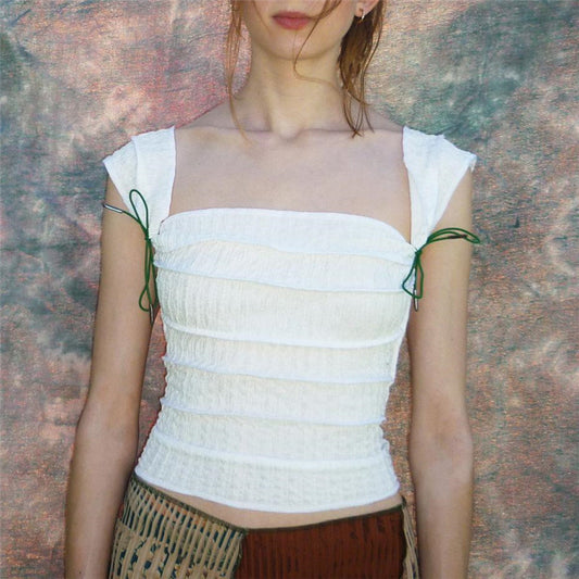 Phyllida Women's Retro French Square Neck Lace-Up Pleated Camisole Sleeve Top