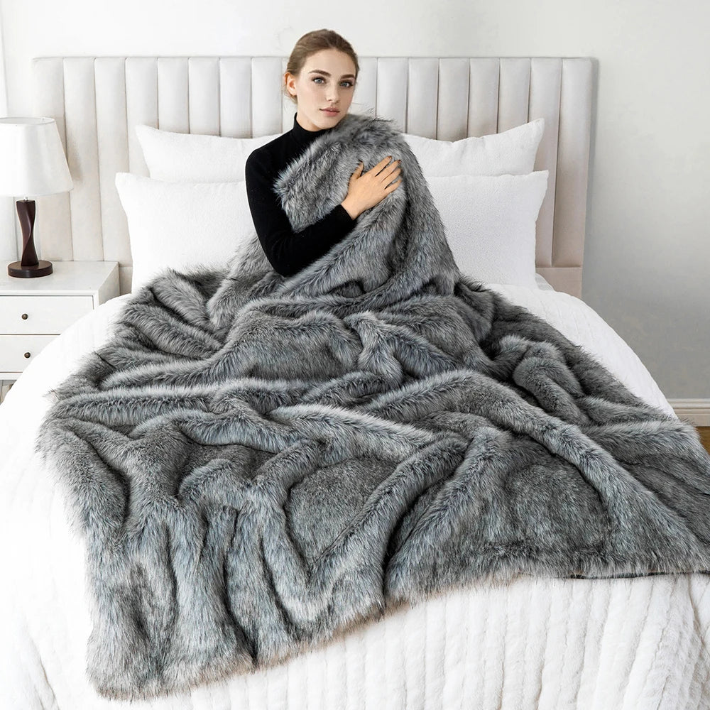 Faux Fur Throw Blanket Luxury Decorative Sofa Blankets Thick Warm Fur Blanket Soft Fluffy Plaid Throws for Bed King Size