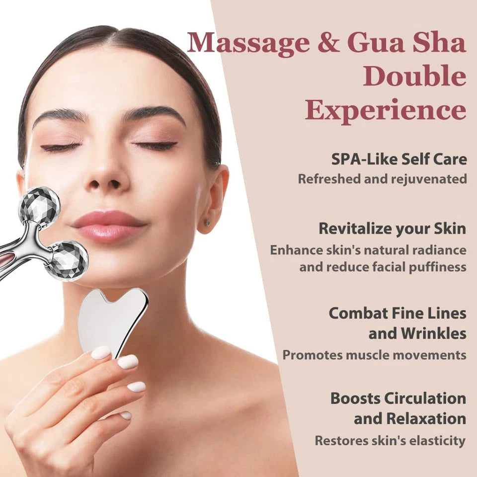 Stainless Steel Gua Sha and Face Roller Set for Sculpting and Massage