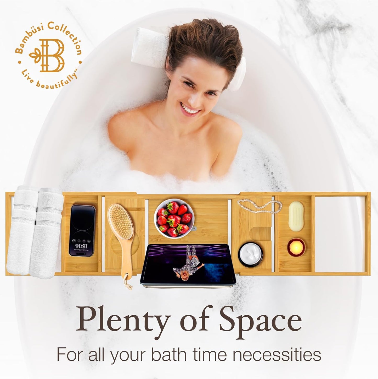 Wooden Bathtub Tray - Foldable Expandable Bamboo Bath Tray for Tub with Wine Holder, Book & Tablet Stand - Bath Caddy for Bathtub, Spa Bath Accessories for Women, Tub Tray Table, Gift for Her or Him
