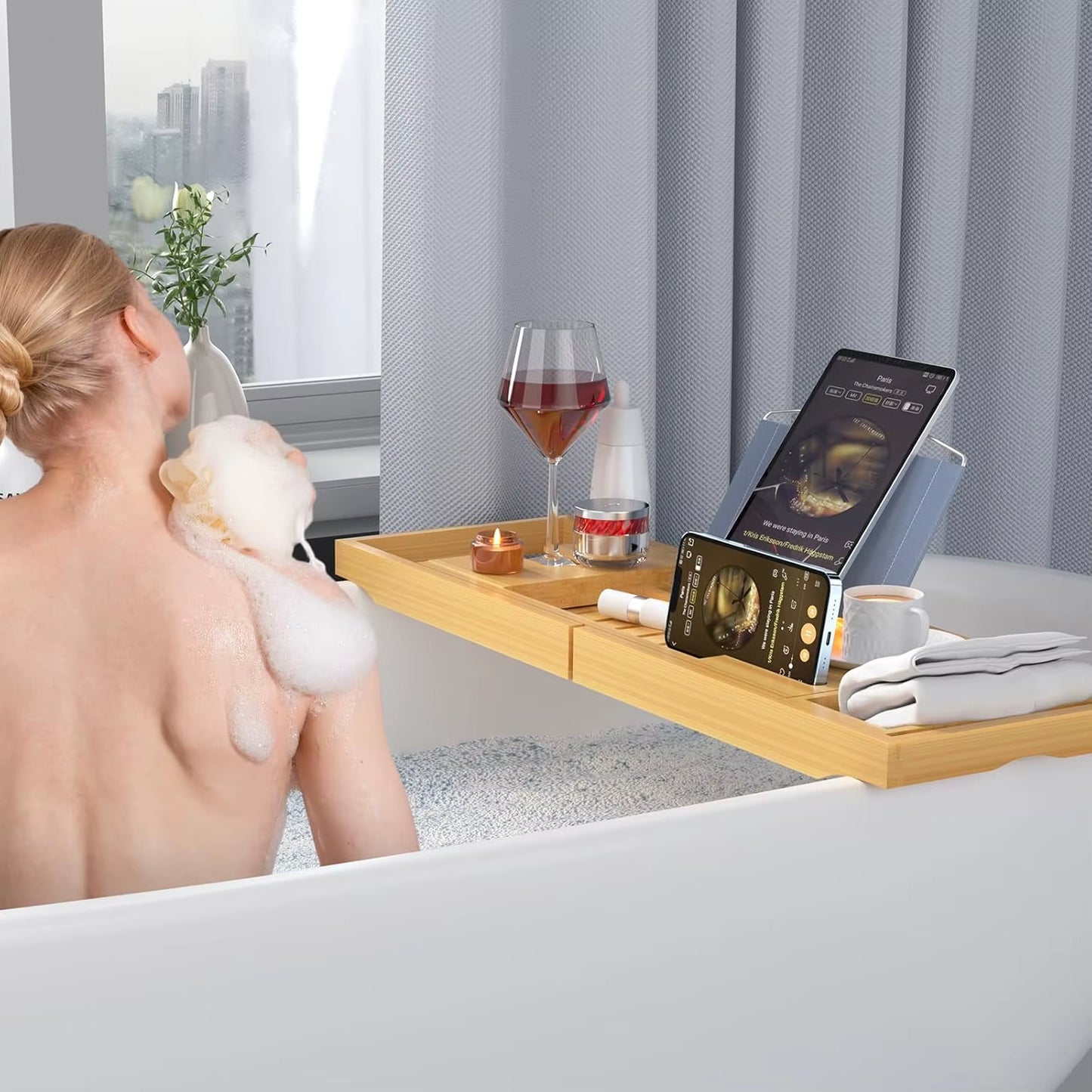 Expandable Bamboo Bathtub Tray with Book, Tablet, Wine Holder - Luxury Wooden Caddy Gift Idea