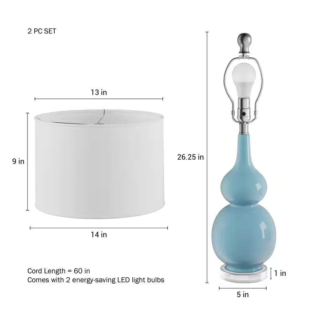 26.25 In. Double Gourd Ceramic Spa Blue LED Table Lamps with Ivory Shades (Set of 2)