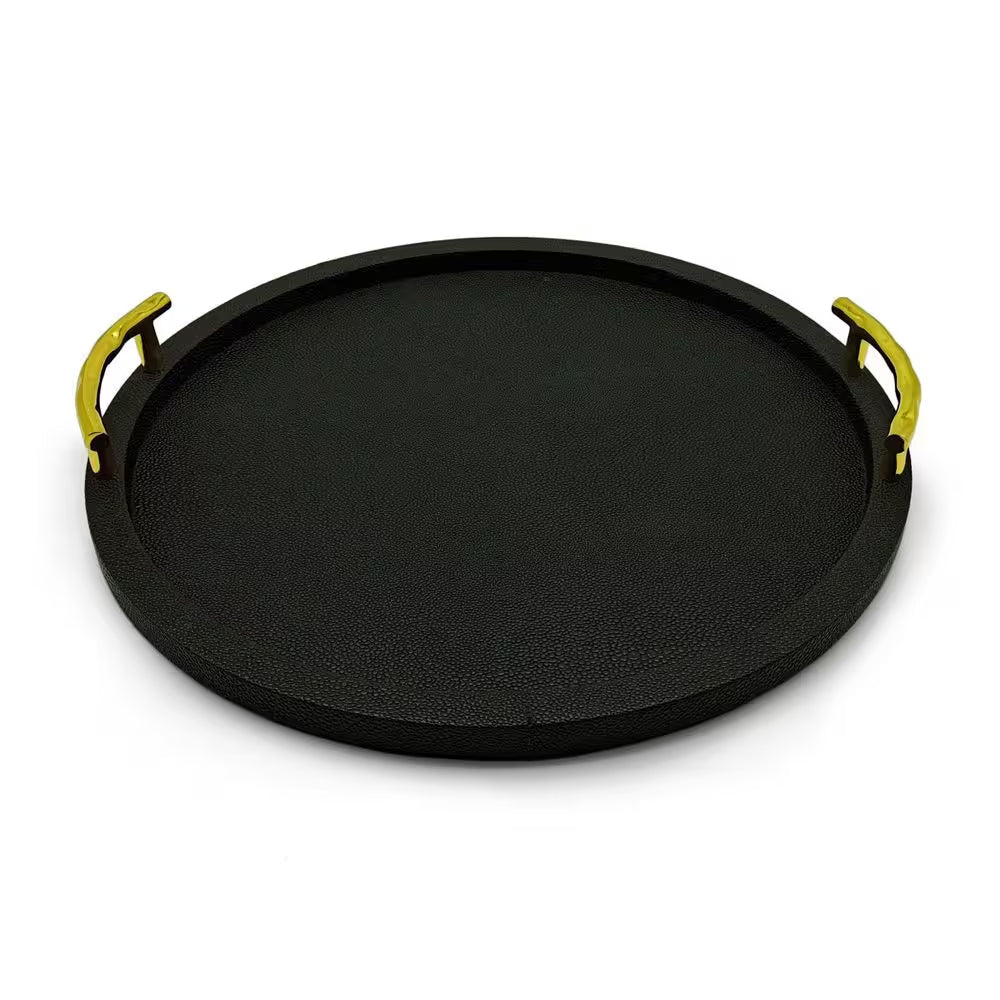 Black round Serveware Serving Tray with Gold Handles