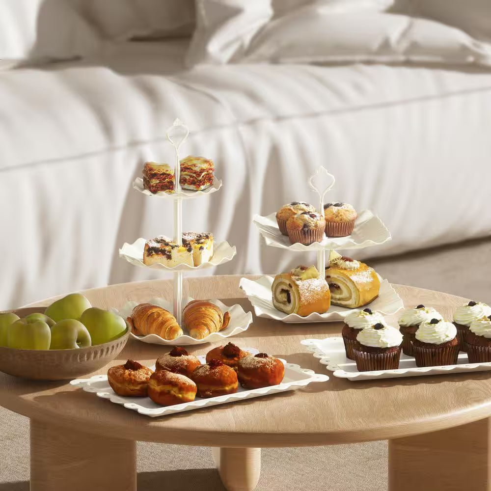 6-Piece 3-Tier White Plastic and 4-Piece Cake Stand Serving Trays for Tea Party Wedding