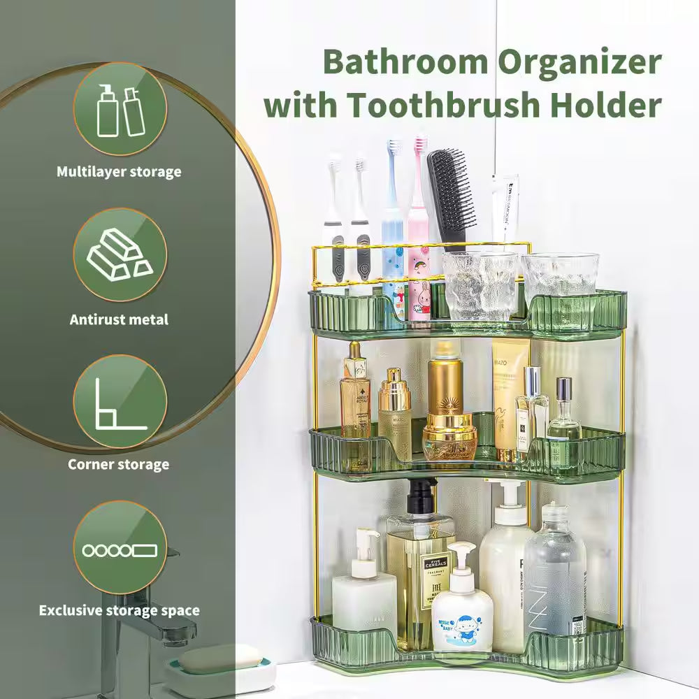 3-Tier Corner Countertop Vanity Organizer with Brush Holder in Green for Bathroom Dresser and Vanity Cosmetic Storage