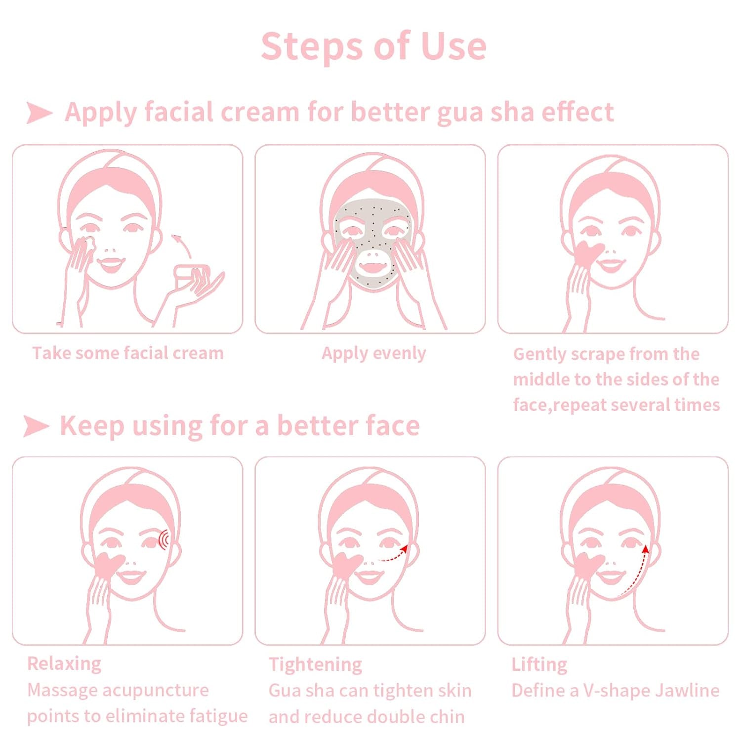 Gua Sha Facial Tools, Rose Quartz Guasha Tool for Face & Eye, Puffiness Reducing & Jawline Sculpting Face Stone Gua Sha Tools for Skin Care Woman Guasha Stone Tool, Pink
