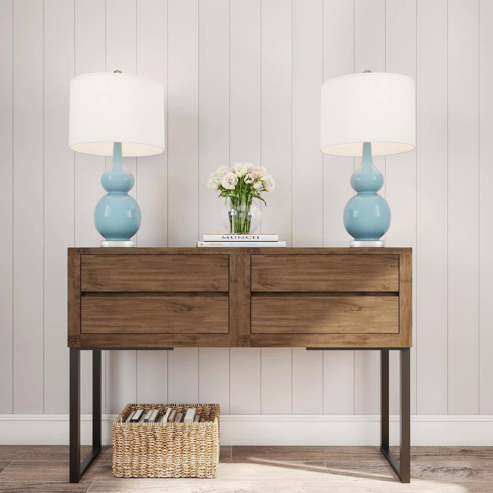 26.25 In. Double Gourd Ceramic Spa Blue LED Table Lamps with Ivory Shades (Set of 2)