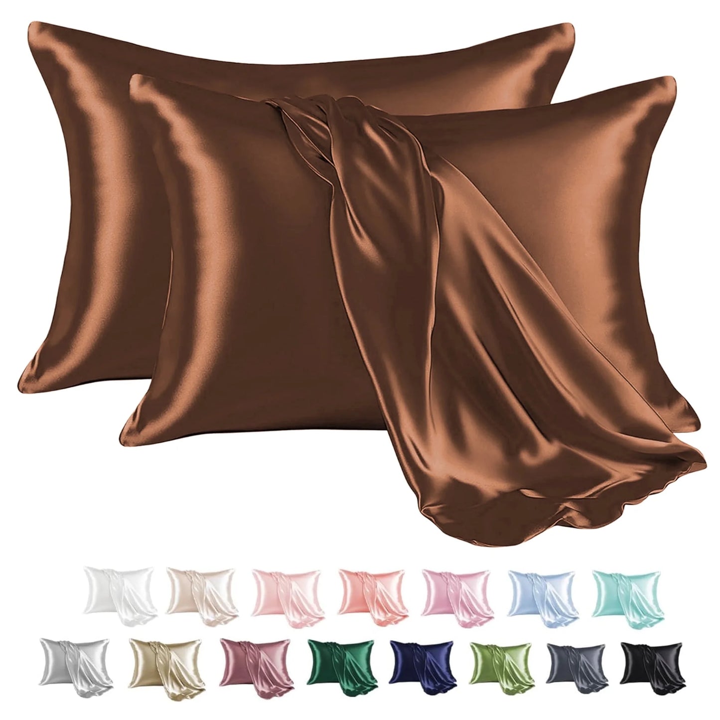 Satin Pillow Case, 2 Pack Satin Standard Silky Pillowcase for Hair and Skin, Satin Pillowcase Set of 2, 20X26, Brown